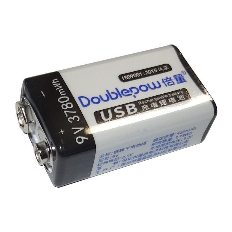 Nabíjateľná Li-Ion 9V 420mAh batéria 6F22, Doublepow, napájanie USB-C