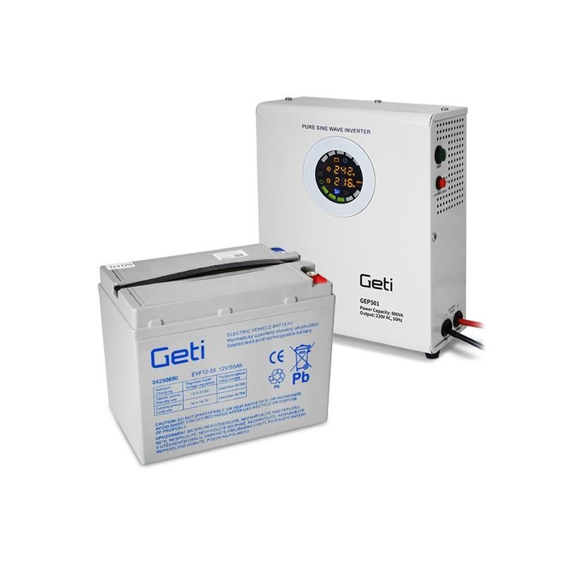 Zdroj záložný GETI GEP501 sinus 500W nástenný + baterie 55Ah