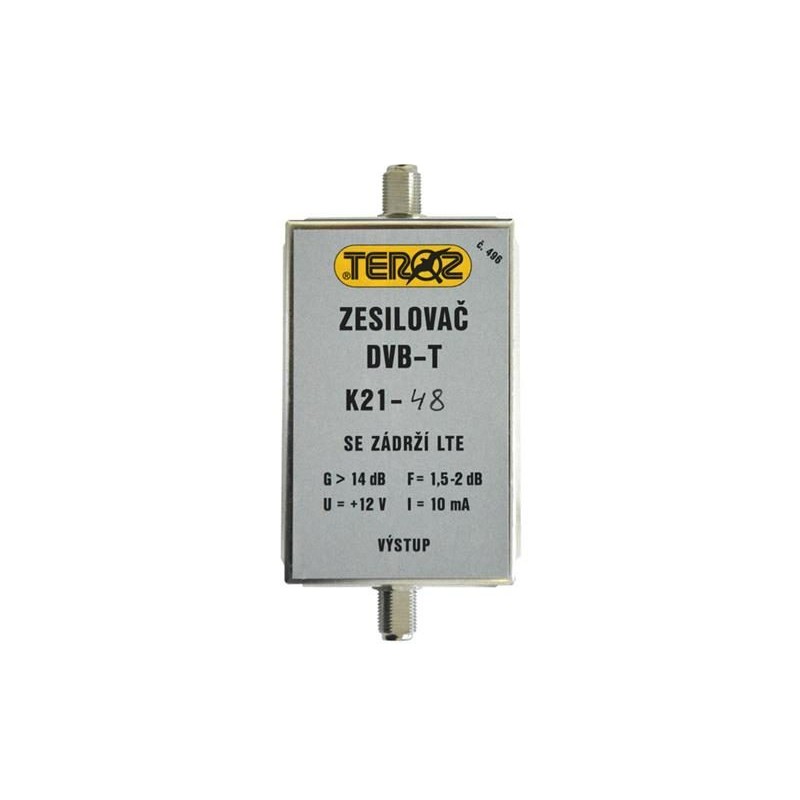 Anténny zosilňovač TEROZ 496X, UHF K21 až 48, filtr 5G, LTE, GSM, G14dB, F2dB, U95dBμV, F-F