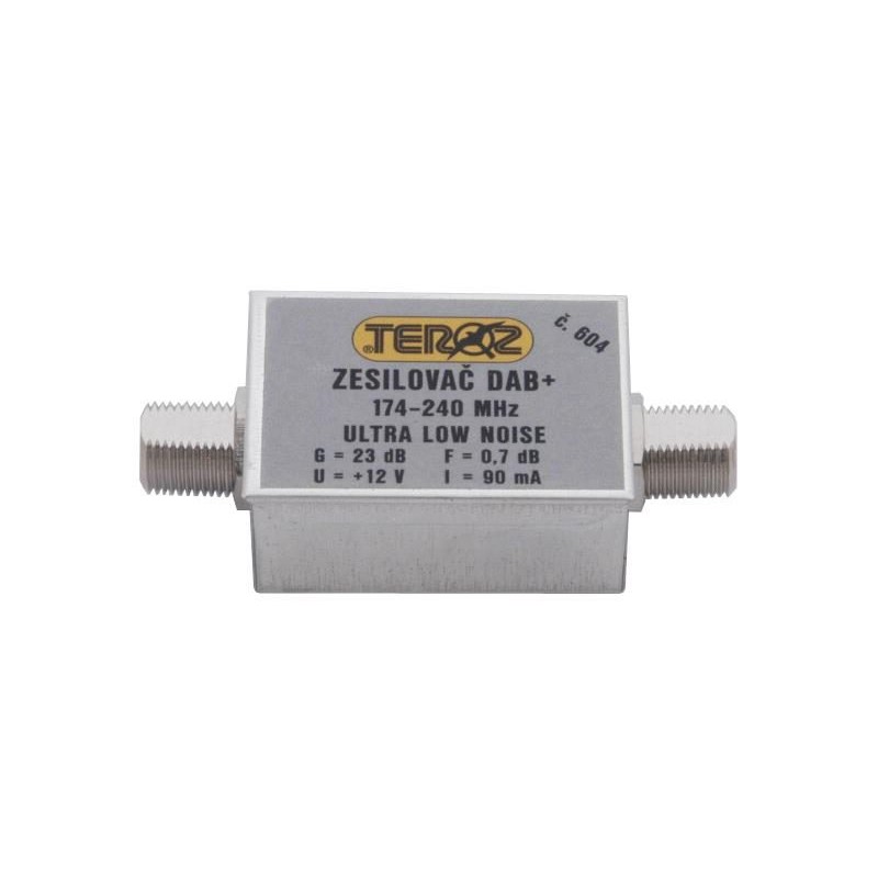 Anténny zosilňovač TEROZ 604X, nízkošumový, DAB, G23dB, F0,7dB, U 120dBμV, F-F