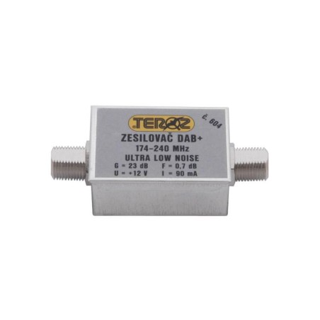 Anténny zosilňovač TEROZ 604X, nízkošumový, DAB, G23dB, F0,7dB, U 120dBμV, F-F