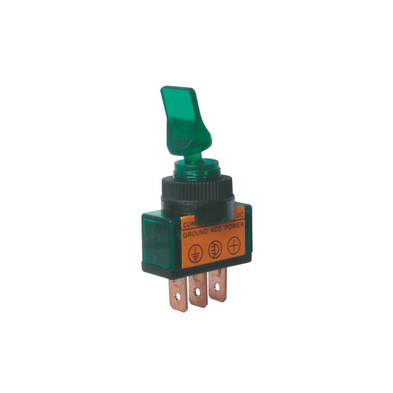 Prepínač páčkový 2pol./3pin ON-OFF 12VDC prosv. zelený