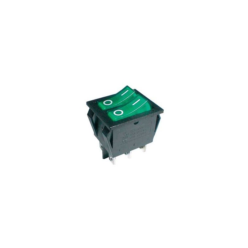 Prepínač kolískový 2x(2pol./3pin) ON-OFF 250V/15A pros. zelený