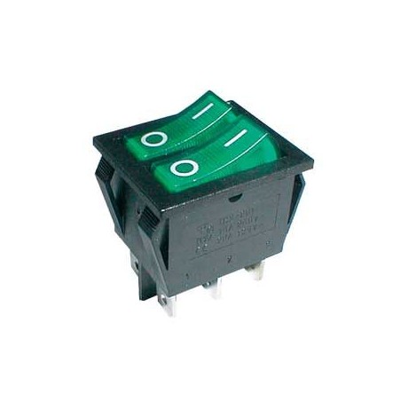 Prepínač kolískový 2x(2pol./3pin) ON-OFF 250V/15A pros. zelený