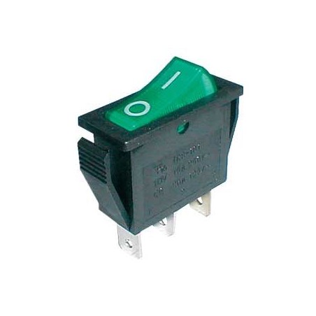 Prepínač kolískový 2pol./3pin ON-OFF 250V/15A pros. zelený