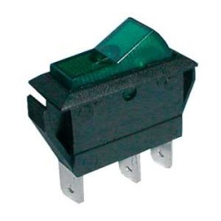 Prepínač kolískový 2pol./3pin ON-OFF 20A/12VDC pros. zelený