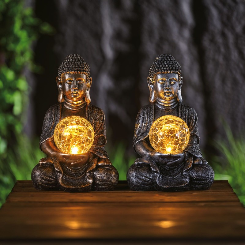 Solárny Buddha – 1 teplá biela LED – živica – 17 x 15 x 26 cm – 2 druhy