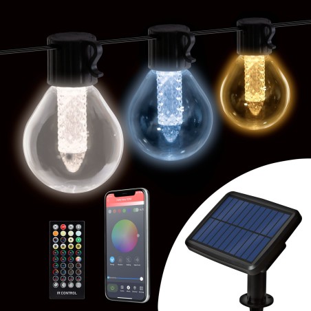 Smart solárna sveteľná reťaz - 15 ks bielych LED - nastaviteľná farebná teplota - 7,5 m - bluetooth