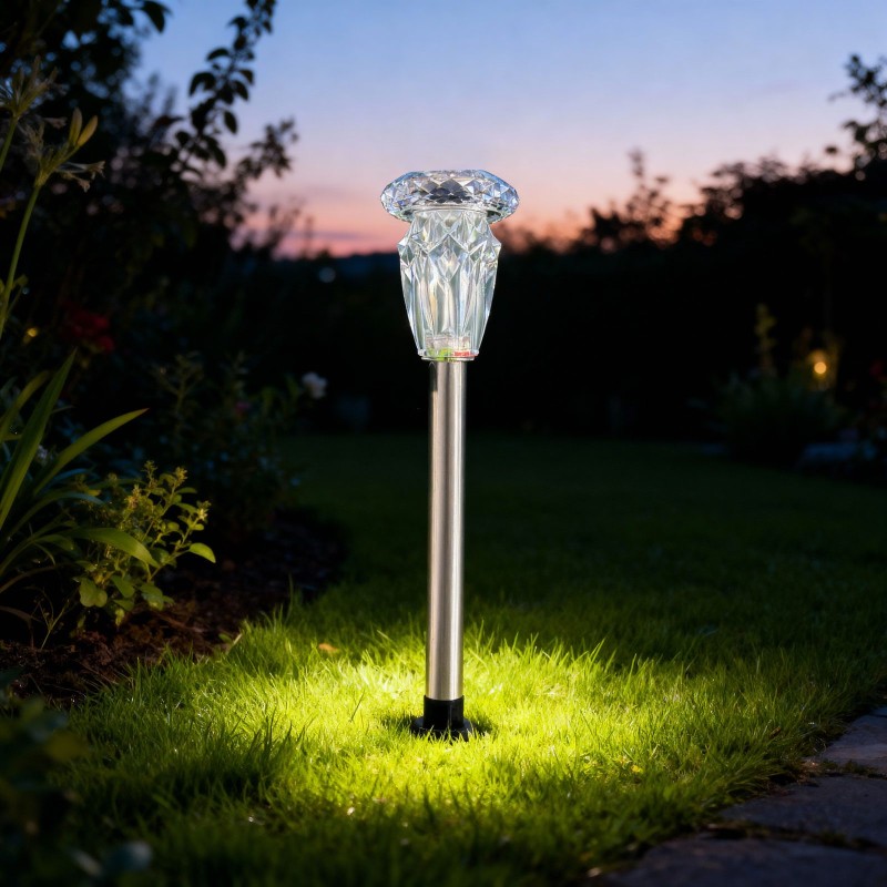 Zapichovacia solárna lampa – 1× teplá biela – chróm – 6 x 38,5 cm