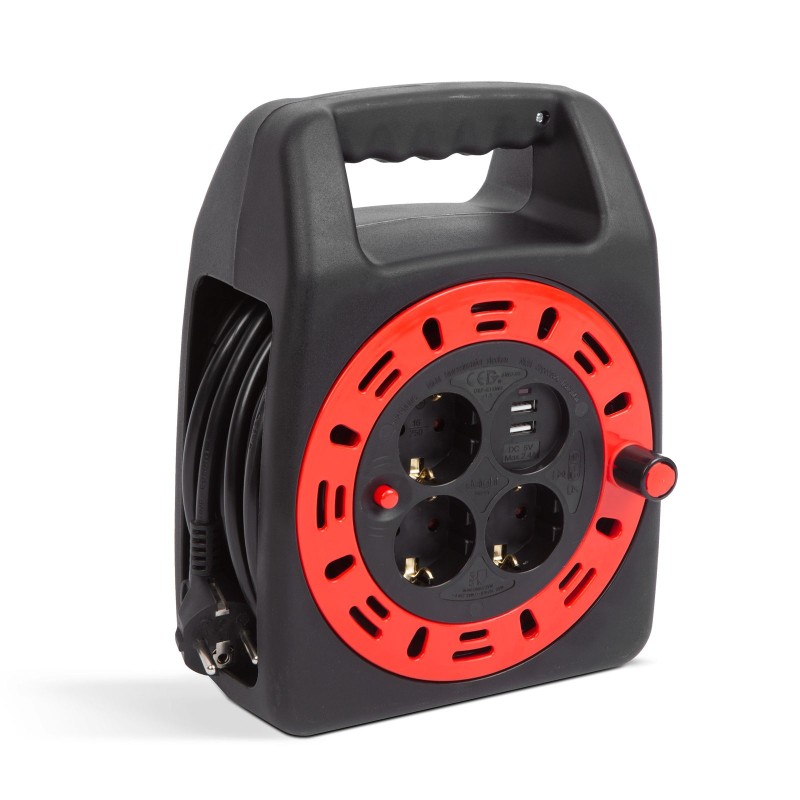 Káblový bubon s plastovým držiakom - 3 x 1,5 mm² + 2 x USB - 15 m