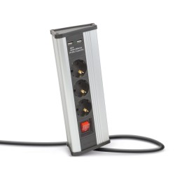 Rohová predlžovačka - s vypínačom - 3 x 250V, 16A - 2 x USB, 2,1A - hliníkové telo