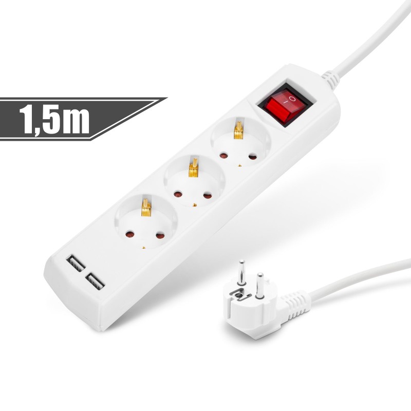 Predlžovačka s 3 zásuvkami - 3 x 1,5 mm - 1,5 m - 2 x USB - s vypínačom