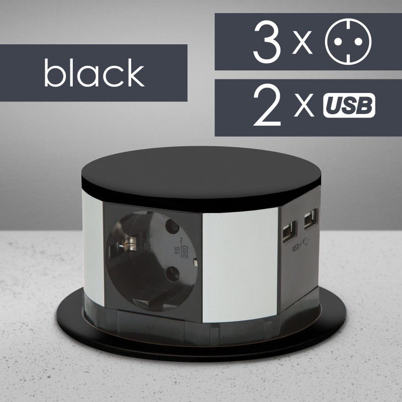 Predlžovačka skrytá - 3-itá + USB-A + Type-C - Čierna