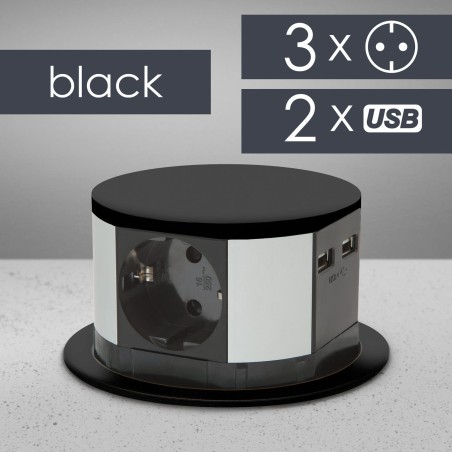 Predlžovačka skrytá - 3-itá + USB-A + Type-C - Čierna