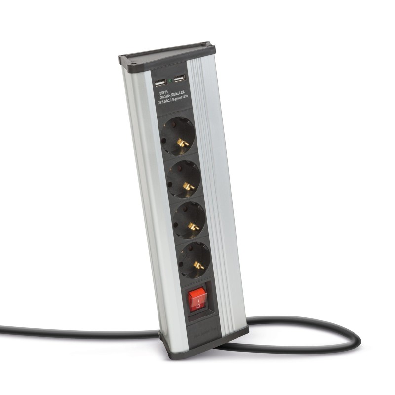 Rohová predlžovačka - s vypínačom - 4 x 250V, 16A - 2 x USB, 2,1A - hliníkové telo