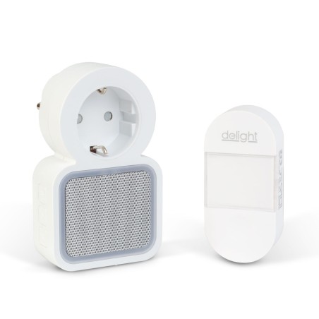 Digitálny bezbatériový a bezdrôtový zvonček – Kinetický – do zásuvky 220–240V AC – biely – modrá LED