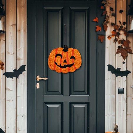 Halloweenská dekorácia - tekvica - závesná - drevená - 30 x 25 cm