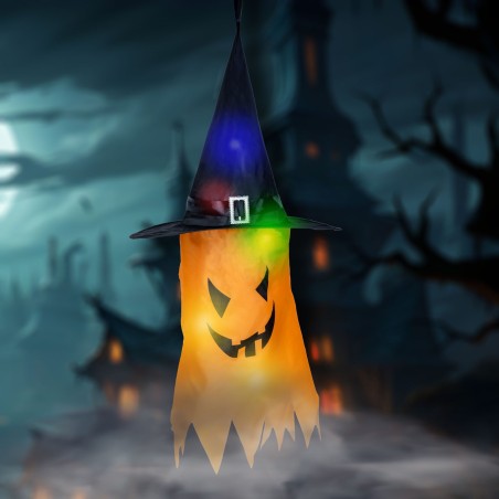 Halloweenska LED dekorácia - duch - žltá - 10 farebných LED - zavesiteľná - 2 x 2032 - 75 x 35 cm