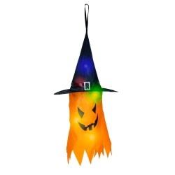 Halloweenska LED dekorácia - duch - žltá - 10 farebných LED - zavesiteľná - 2 x 2032 - 75 x 35 cm