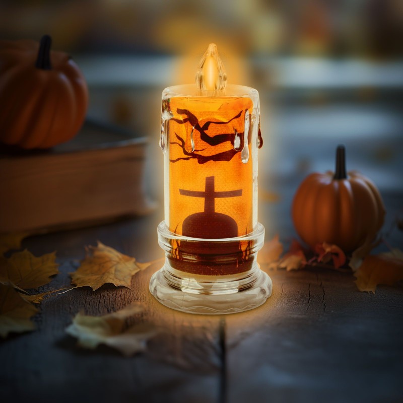 Halloweenska LED sviečka - náhrobný kameň - oranžová LED - 3 x LR1130 - 5 x 5 x 10 cm