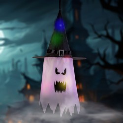 Halloweenska LED dekorácia - duch - ružová - 10 farebných LED - zavesiteľná - 2 x 2032 - 75 x 35 cm