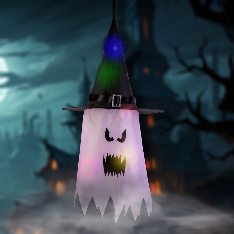 Halloweenska LED dekorácia - duch - ružová - 10 farebných LED - zavesiteľná - 2 x 2032 - 75 x 35 cm