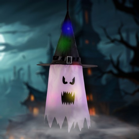 Halloweenska LED dekorácia - duch - ružová - 10 farebných LED - zavesiteľná - 2 x 2032 - 75 x 35 cm