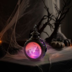 Halloweenska svetelná dekorácia - hrad - závesná - LED - 8,5 x 13,5 cm