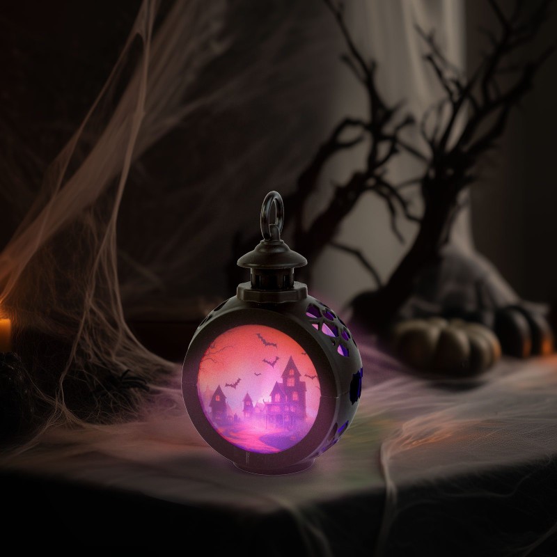 Halloweenska svetelná dekorácia - hrad - závesná - LED - 8,5 x 13,5 cm