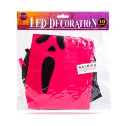 Halloweenska LED dekorácia - duch - ružová - 10 farebných LED - zavesiteľná - 2 x 2032 - 75 x 35 cm
