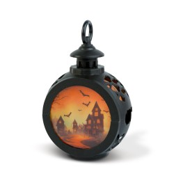 Halloweenska svetelná dekorácia - hrad - závesná - LED - 8,5 x 13,5 cm