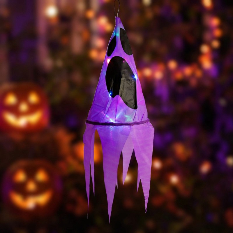 Halloweenová svetelná dekorácia - duch - fialová - 10 farebných LED - zavesiteľná - 2 x 2032 - 75x20