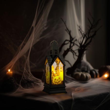 Halloweenová svetelná dekorácia - tekvica - žltá LED - 17,5 x 6,3 x 6,3 cm - 3 x LR44