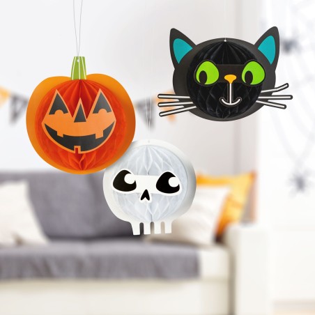Halloween dekorácia - lampiónová súprava - tekvica, mačka, lebka - papier - 20 cm - 3 ks / balenie