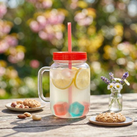 Pohár so slamkou - červený - 4 ks chladiacich ľadových kociek, 550 ml, 17 x 7,5 x 13,5 cm