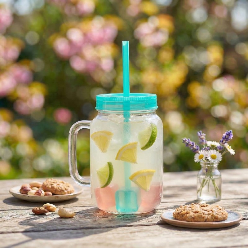 Pohár so slamkou - zelený - 4 ks chladiacich ľadových kociek, 550 ml, 17 x 7,5 x 13,5 cm