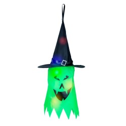 Halloweenska LED dekorácia - duch - zelená - 10 farebných LED - zavesiteľná - 2 x 2032 - 75 x 35 cm