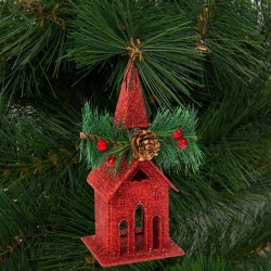 Vianočný trblietavý kostol s vešiakom - 16 x 6,5 cm - červený