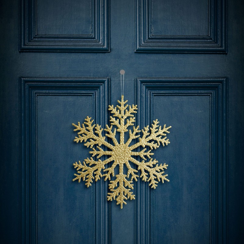 Vianočná dekorácia – snehová vločka – trblietavá zlatá – závesná – 31 cm