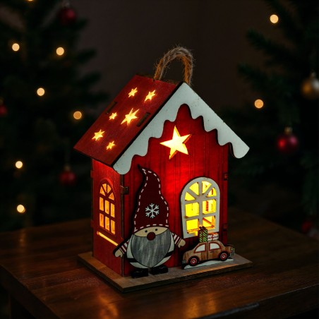 Vianočná LED dekorácia - domček so škriatkom - teplá biela LED, červená - 7,5 x 5 x 10 cm - 2 druhy