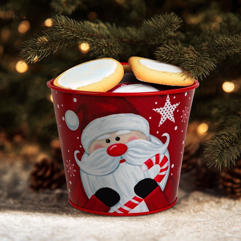 Vianočná dekorácia - kovový kvetináč, vedierko - Santa - 13 x 11 cm