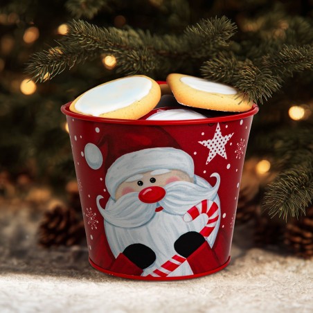 Vianočná dekorácia - kovový kvetináč, vedierko - Santa - 13 x 11 cm