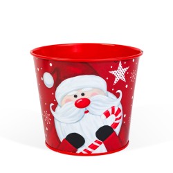 Vianočná dekorácia - kovový kvetináč, vedierko - Santa - 13 x 11 cm