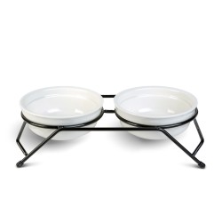 Zvýšený stojan na kŕmenie s keramickými miskami – biele misky – 30 x 14 x 7,5 cm