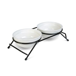 Zvýšený stojan na kŕmenie s keramickými miskami – biele misky – 30 x 14 x 7,5 cm