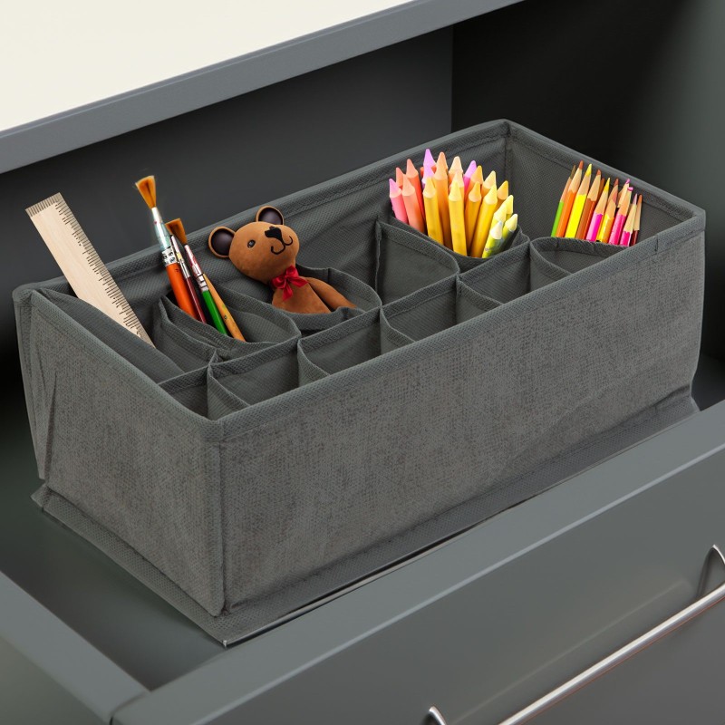 Úložný box z textilu - 32 x 16 x 11 cm - 12 kapsí - sivý