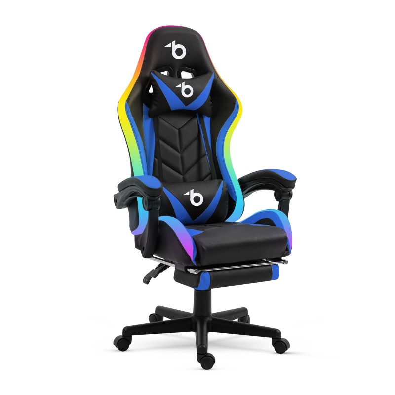 RGB LED gamer stolička s vankúšom, opierkou - čierna / modrá