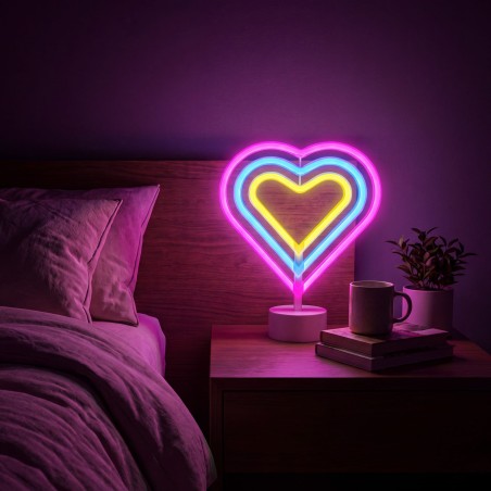 Neónová LED lampa - farebné srdce - 3 x AA + USB - 25,2 x 1,6 x 23 cm