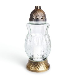 Sklenený kahanec s bronzovým plastovým viečkom a podstavcom – 37 x 16 cm