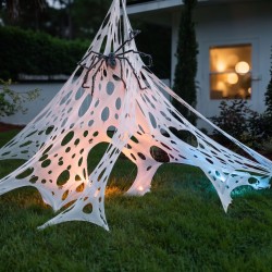 Halloween dekorácia - pavučinový závoj + 6 ks zapichovacích kolíkov - 1 x 2 m - biela